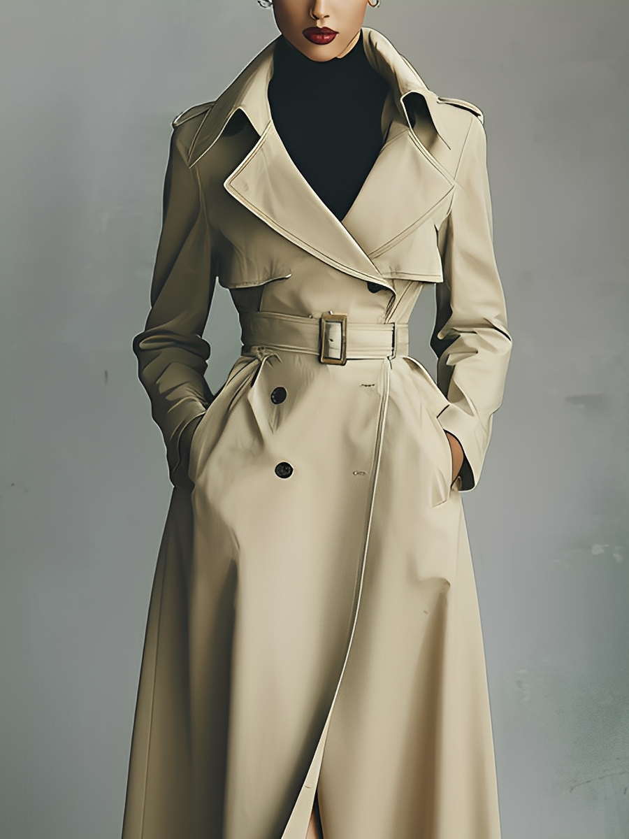 Olyne – manteau long beige femme double boutonnage ceinture trench chic