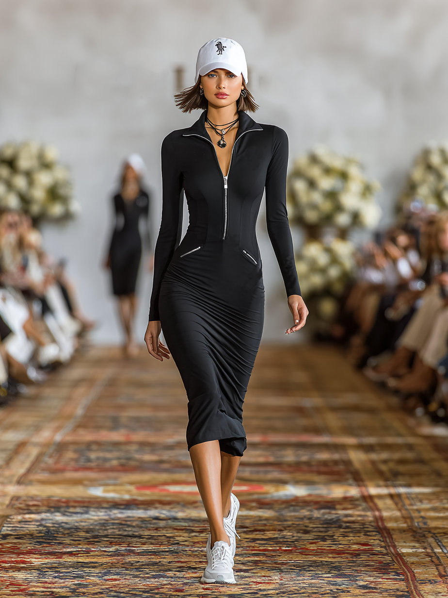 Rynel – robe midi sportive coton melange zip col a revers coupe skinny femme