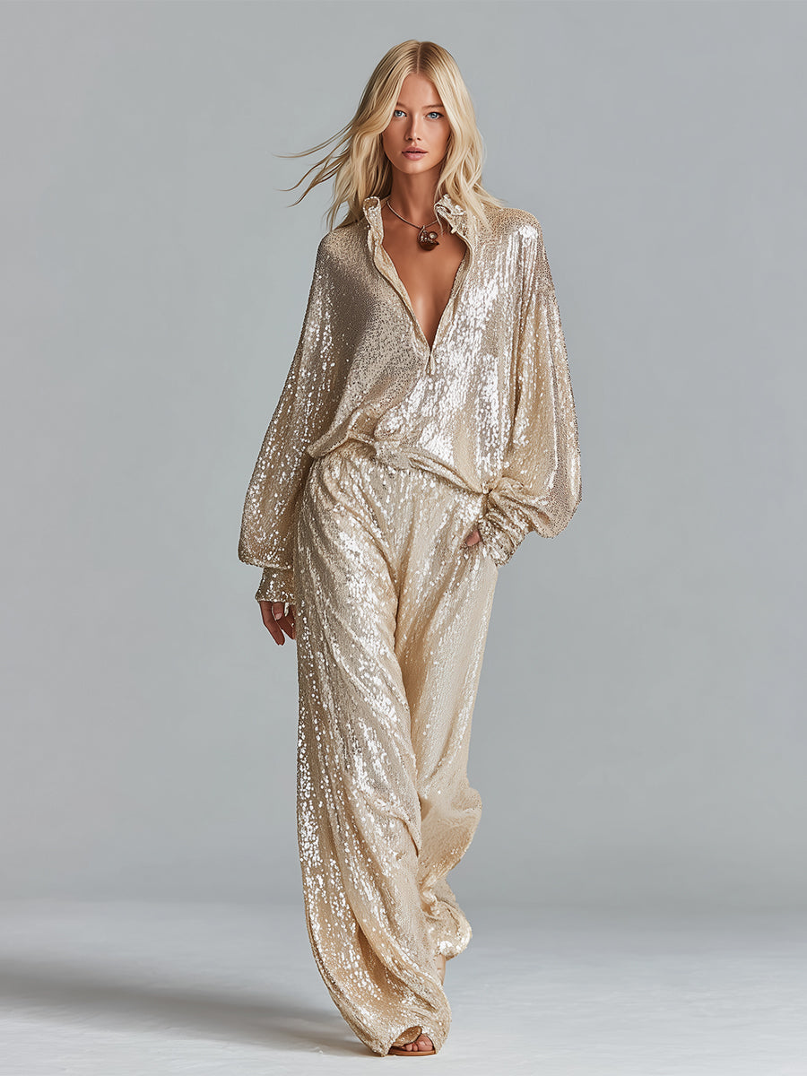 Gleina – ensemble lounge paillettes or col zip pantalon wide leg