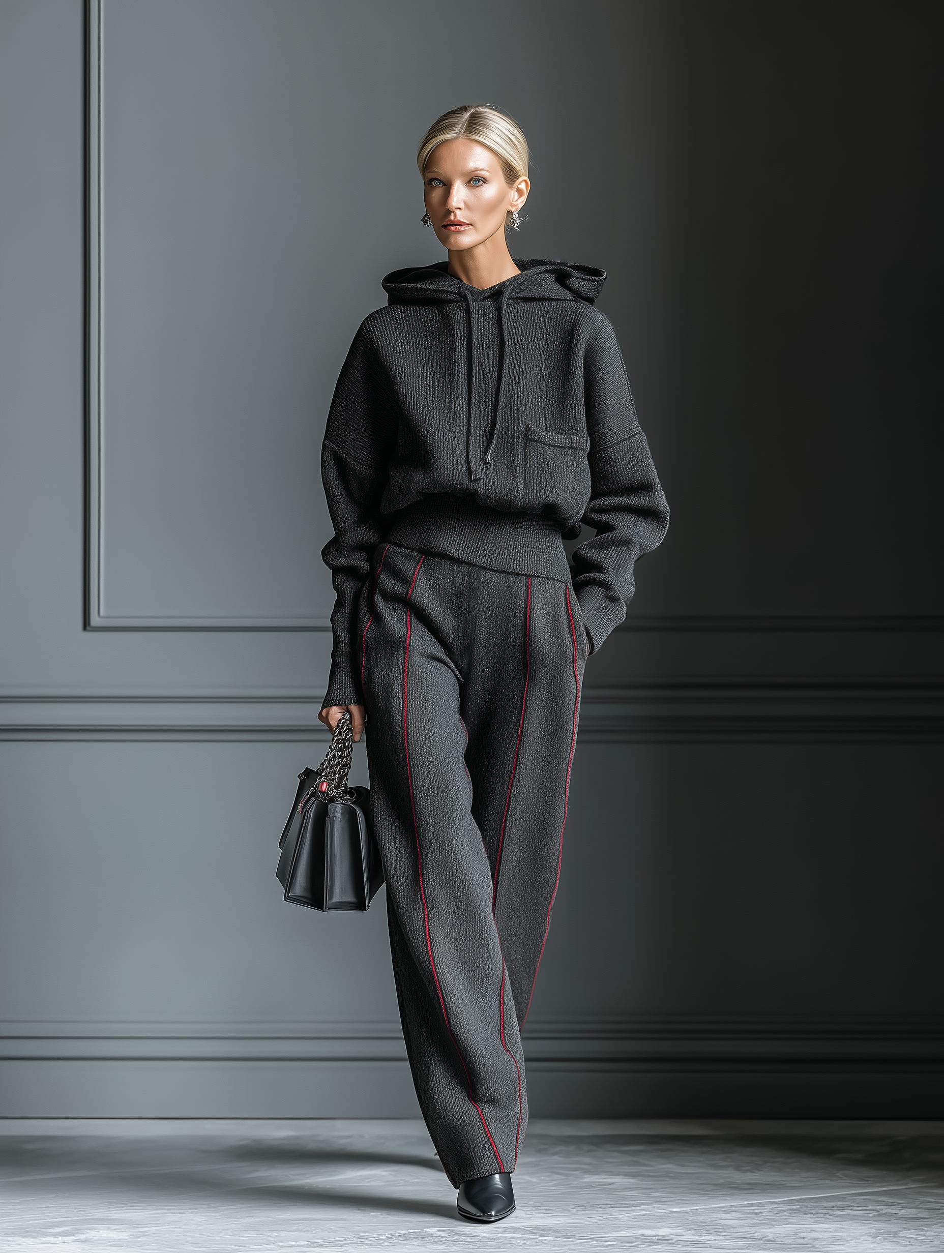 Kalissa – ensemble maille gris anthracite, hoodie contrasté rouge et pantalon droit