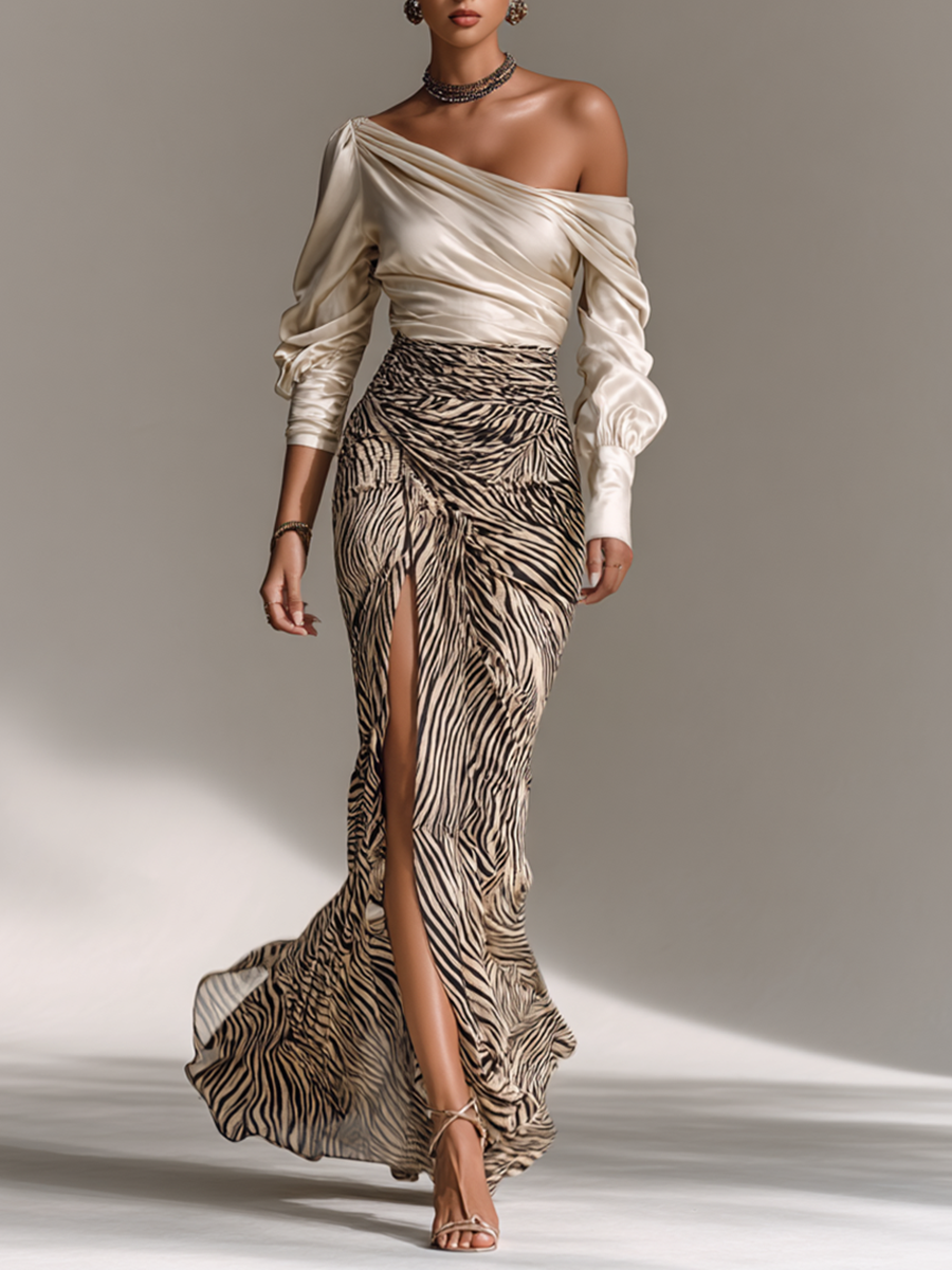 Soreya – ensemble satin top off-shoulder et jupe zebree fendue femme