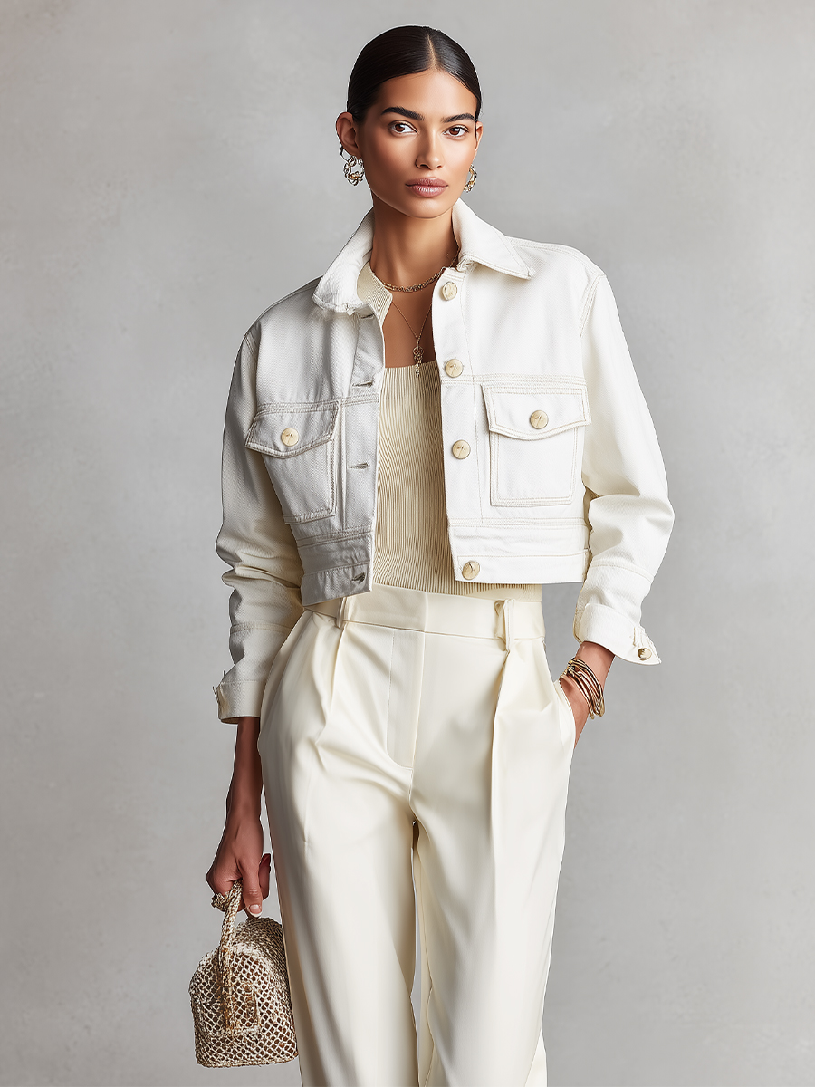 Ida – veste courte denim ivoire femme coupe classique