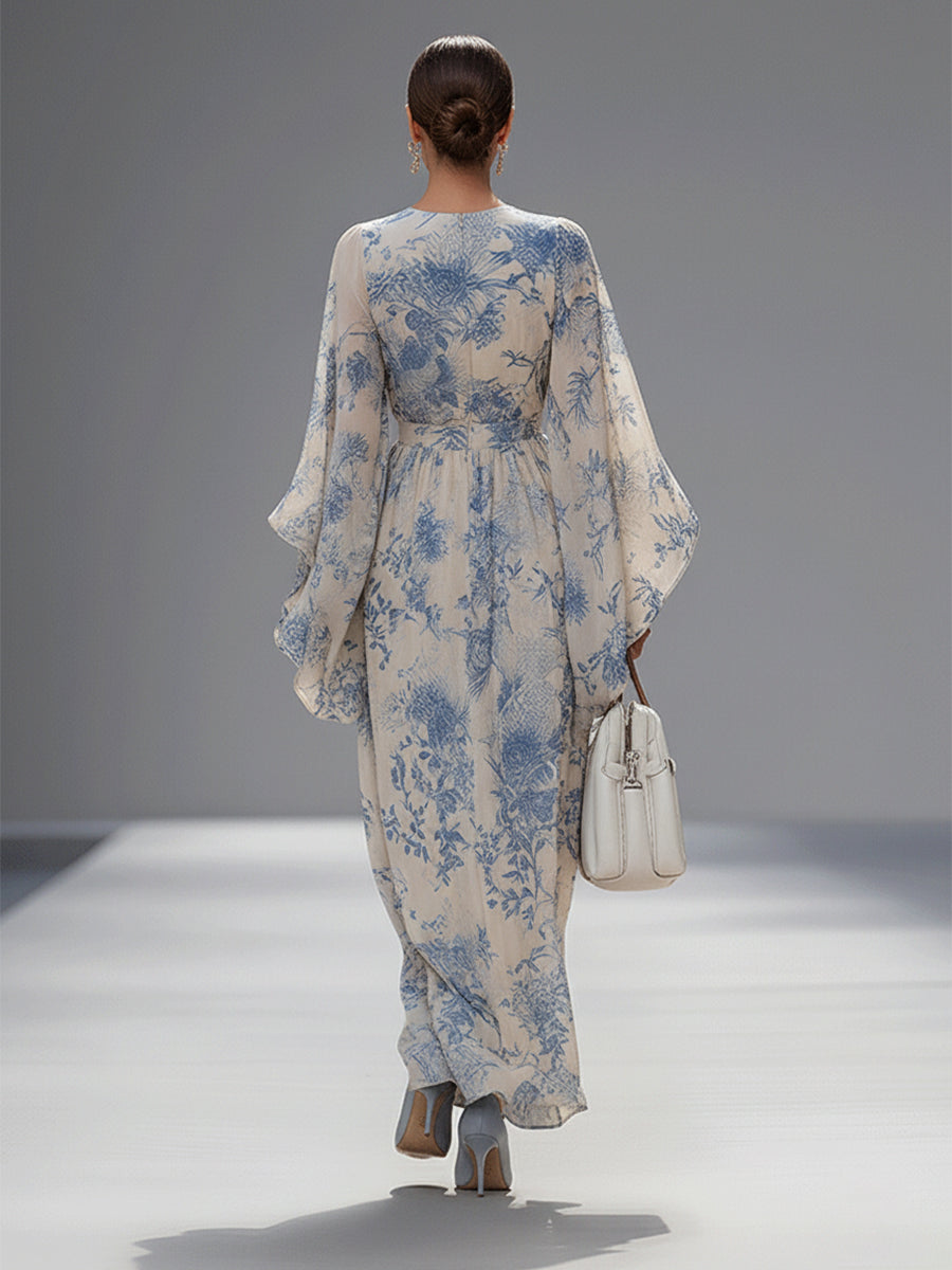 Belis – robe maxi imprimee manches evasees taille haute elegante femme