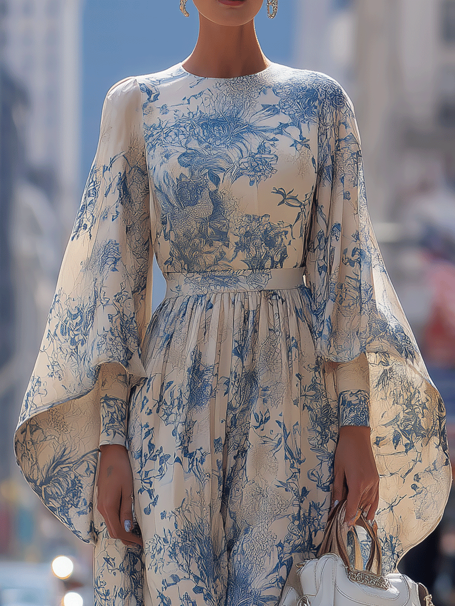 Belis – robe maxi imprimee manches evasees taille haute elegante femme