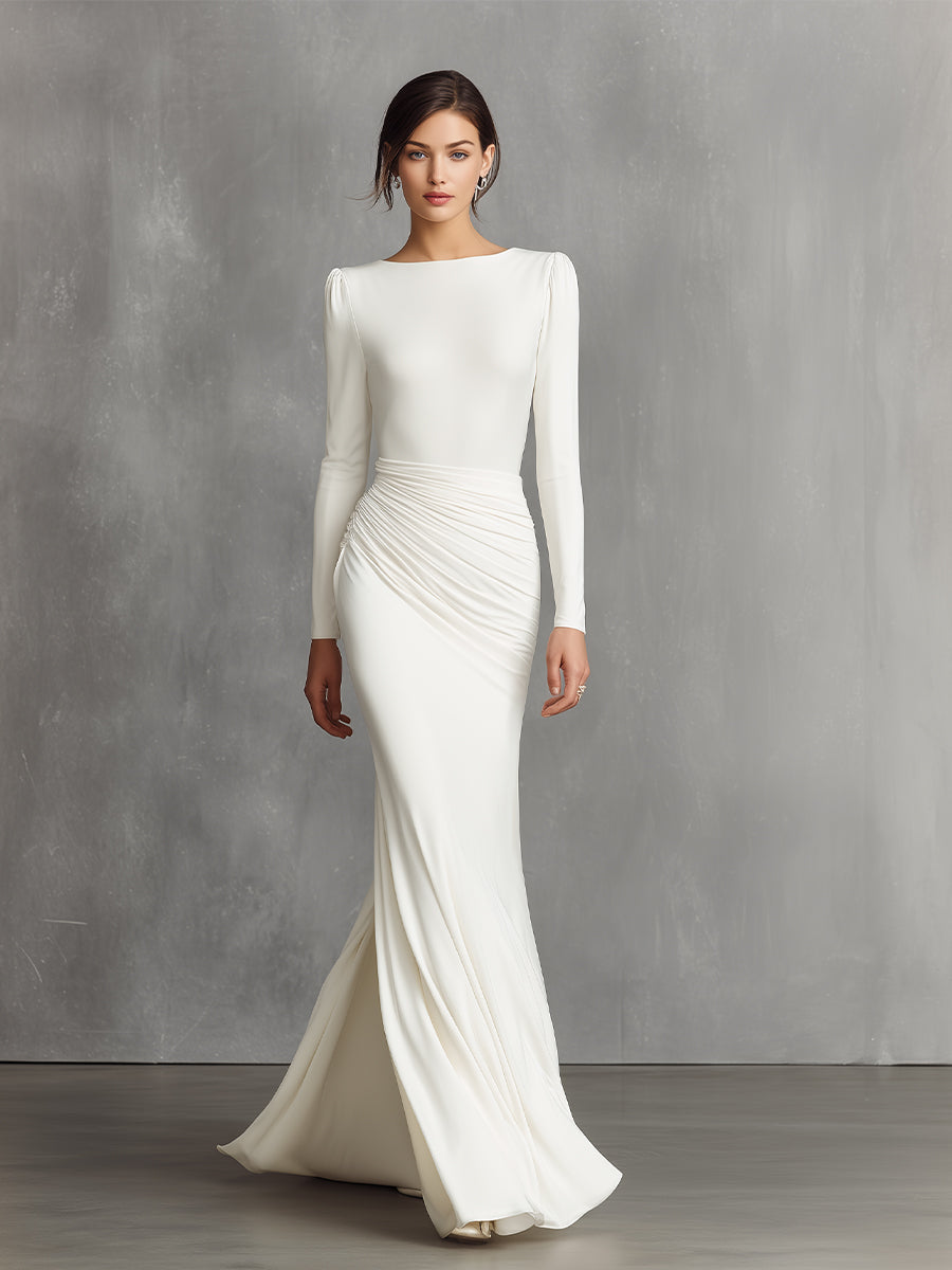 Sirine – robe maxi sirène en satin blanc avec fronces élégantes et manches longues