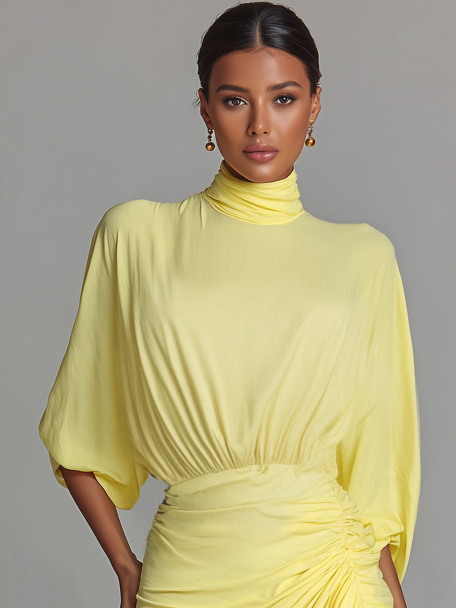 Yva – robe maxi jaune fluide col V manches longues fente elegante femme