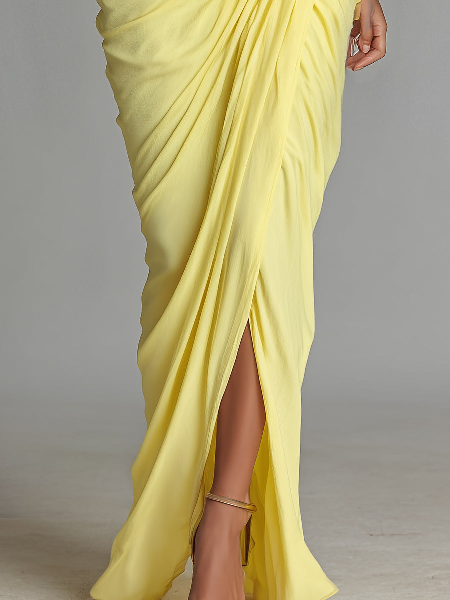 Yva – robe maxi jaune fluide col V manches longues fente elegante femme