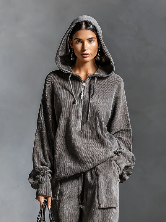 Quinza – ensemble velours cotele hoodie et pantalon droit femme