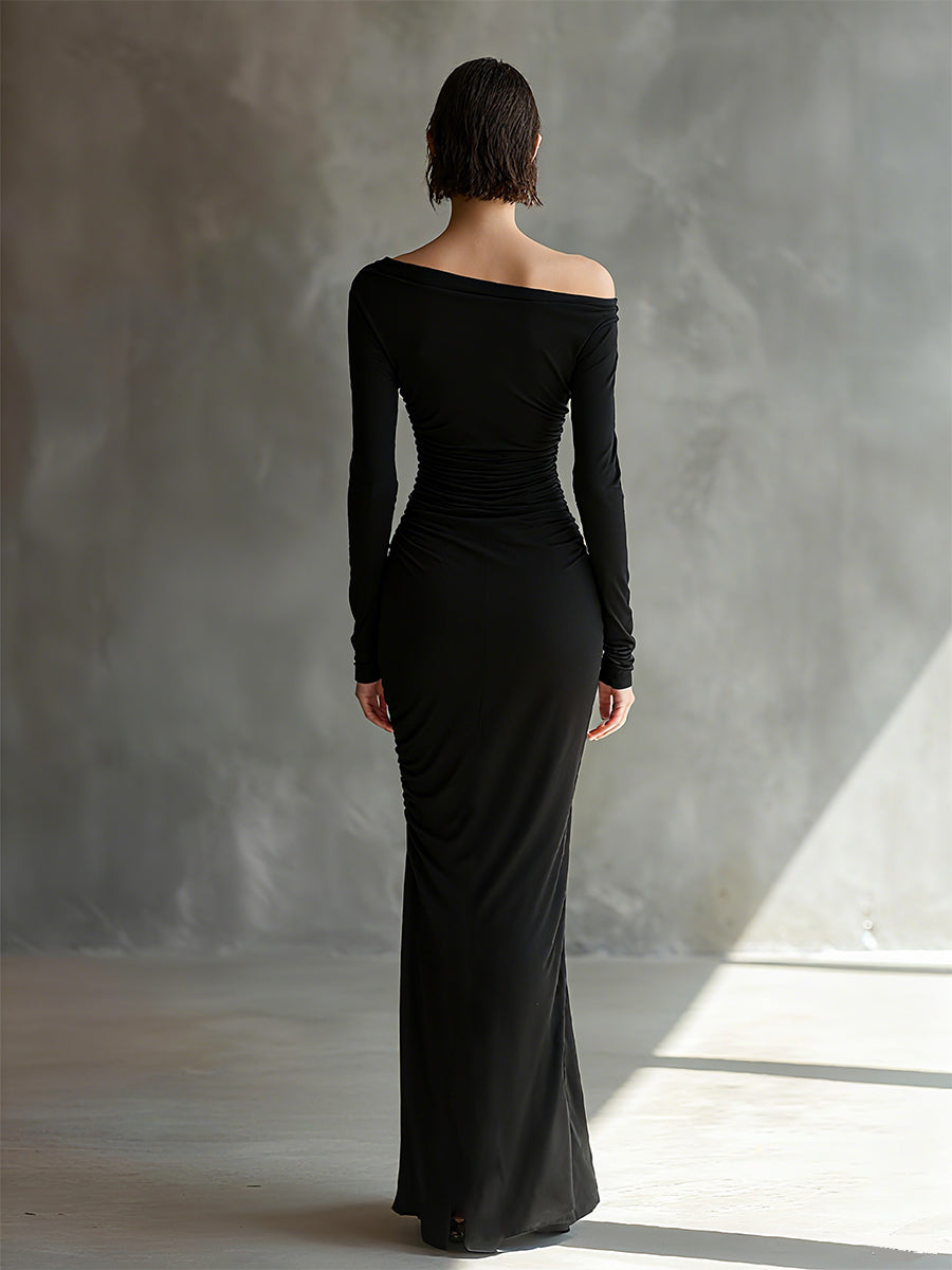 Nala – robe maxi noire jersey epaules denudees fronces fendue elegante femme