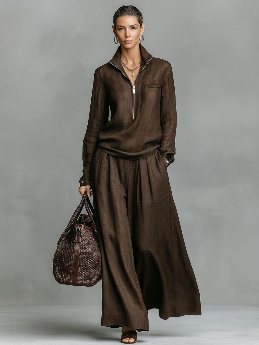 Daphée – ensemble coton lin blouse zippée ample et pantalon large fluide