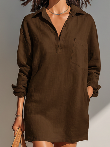 Lisel – robe chemise brune courte, boutonnée, élégante et moderne