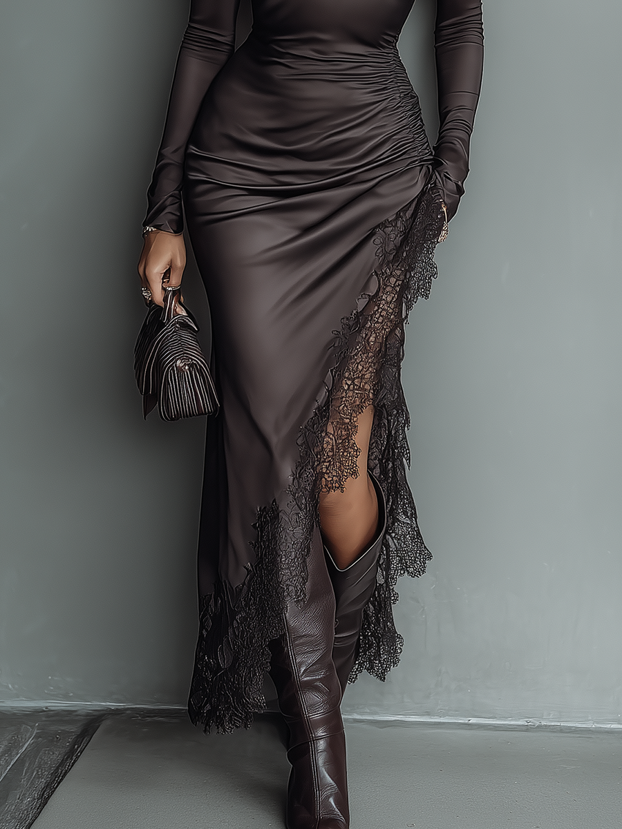 Dely – robe maxi satin marron dentelle ourlet asymetrique col haut coupe slim femme