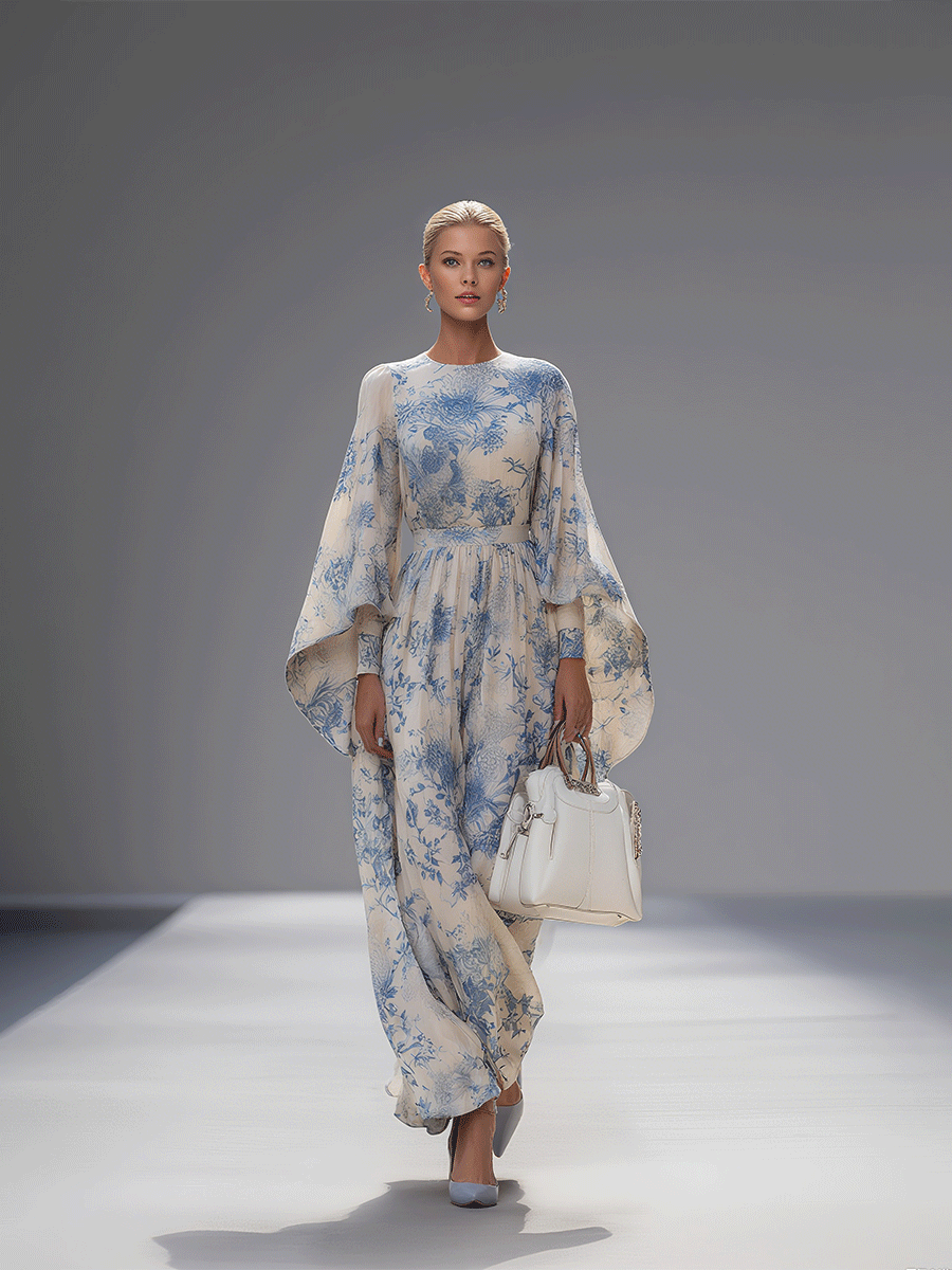 Belis – robe maxi imprimee manches evasees taille haute elegante femme