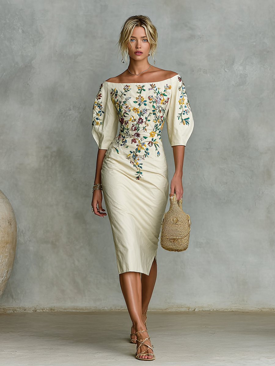 Vanille – robe midi une epaule manches mi-longues broderies florales femme