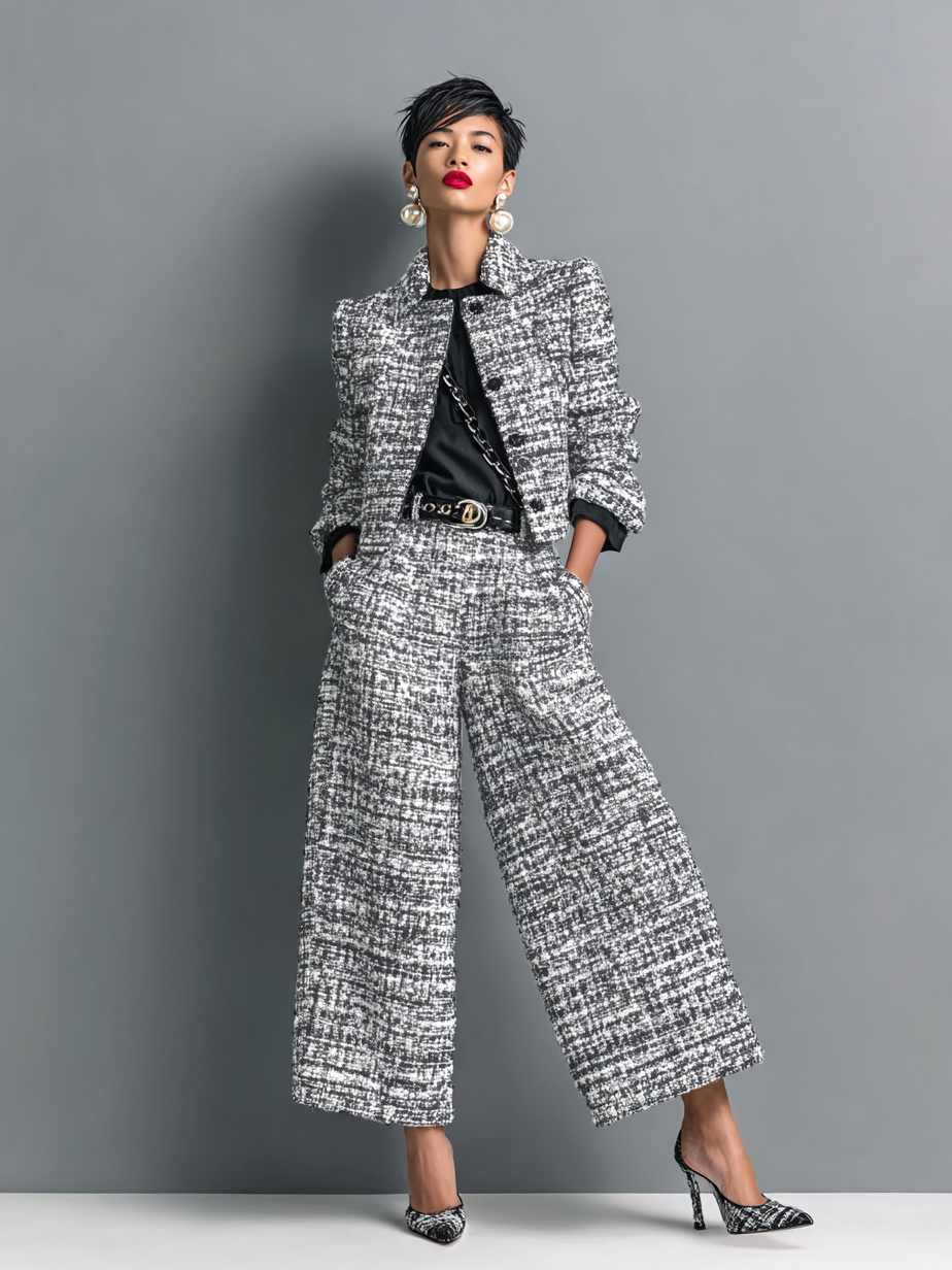 Fayden – ensemble tweed cropped jacket boutonnée et pantalon wide leg chic