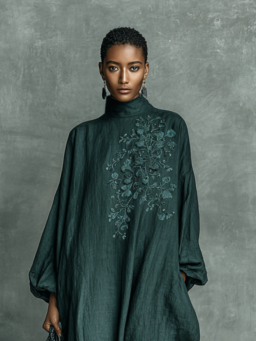 Ysola – robe maxi coton lin ample col semi-montant broderies epaules femme