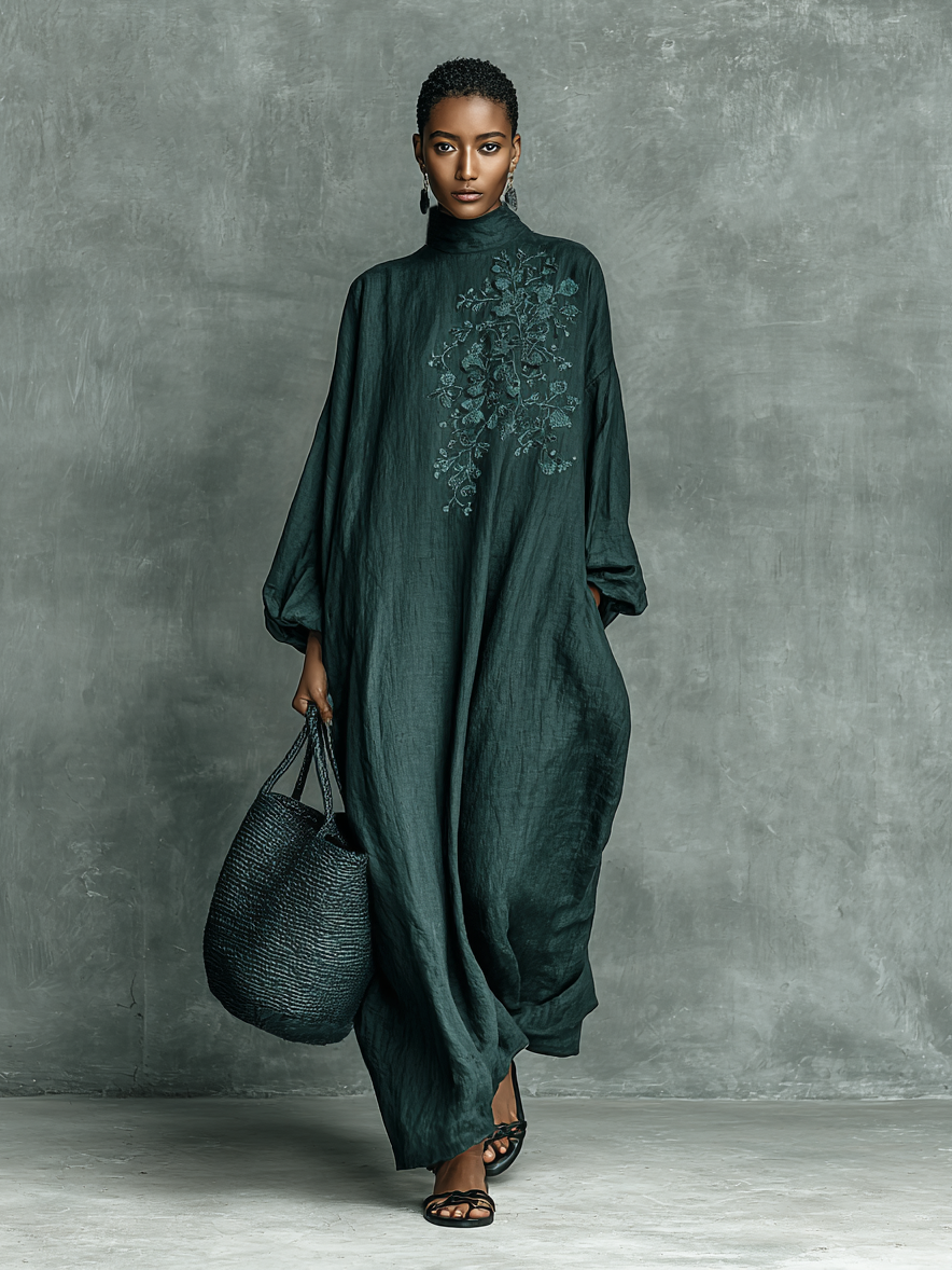 Ysola – robe maxi coton lin ample col semi-montant broderies epaules femme