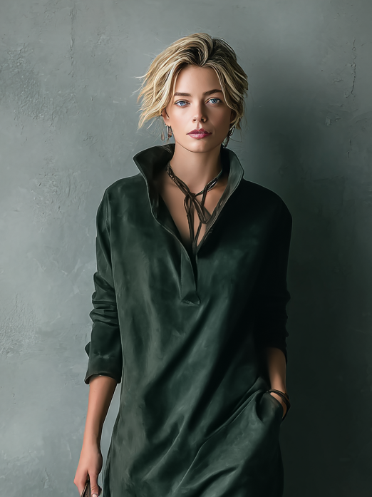 Velma – robe midi suede coupe ample col a revers elegante femme