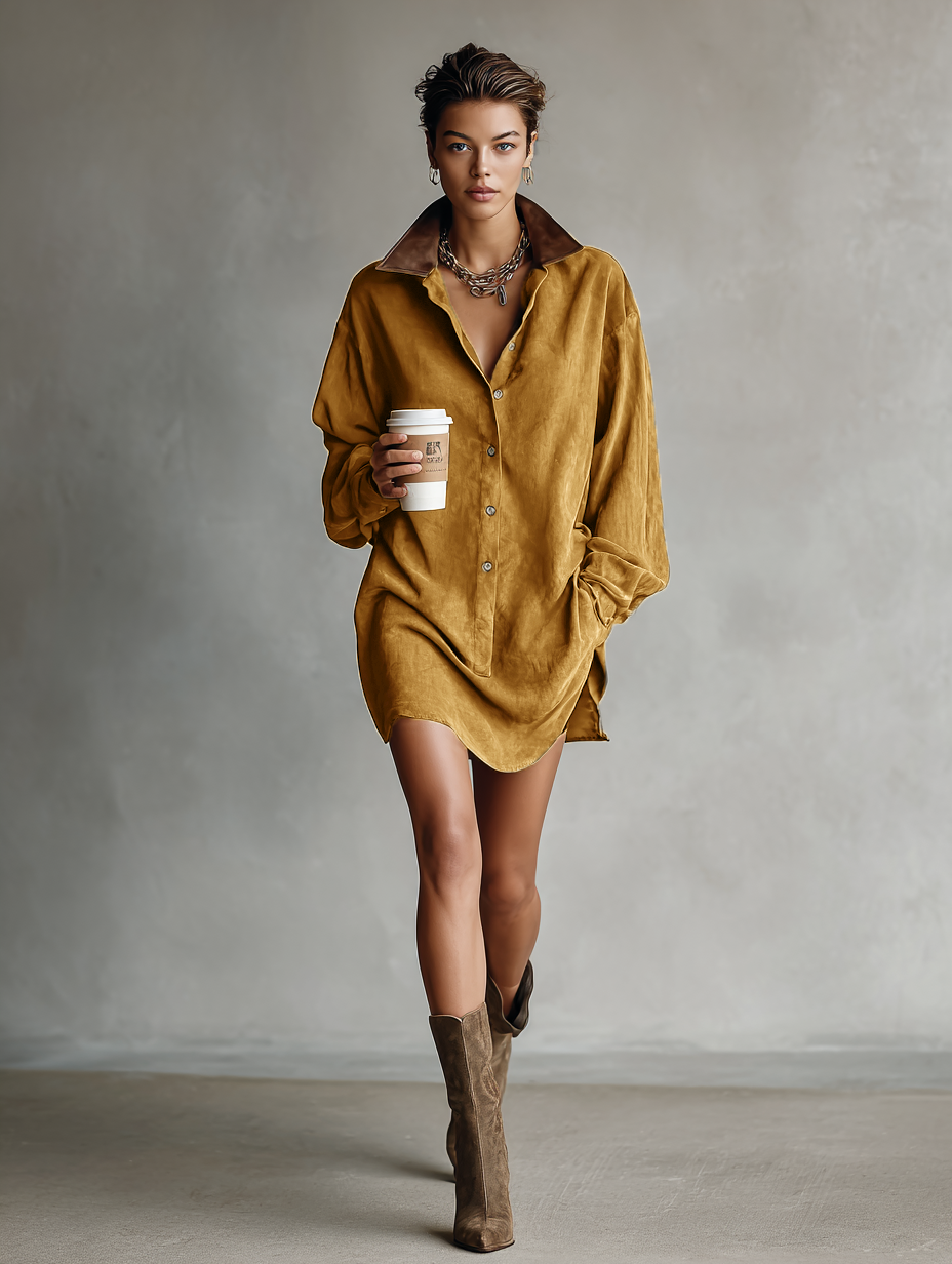 Galine – robe mini suede et cuir synthetique col revers moderne coupe loose