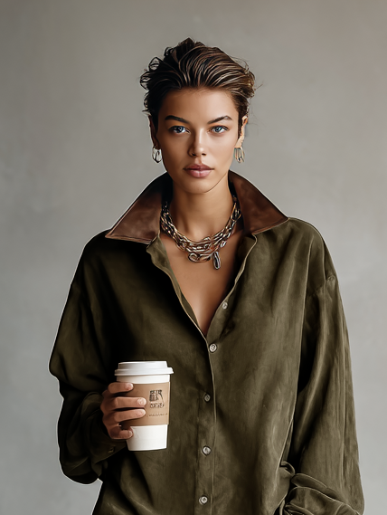 Galine – robe mini suede et cuir synthetique col revers moderne coupe loose