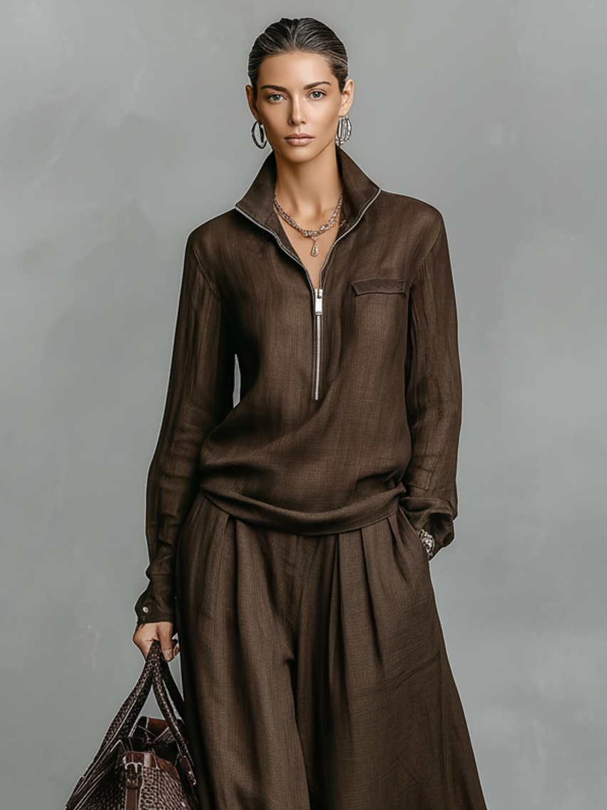 Daphée – ensemble coton lin blouse zippée ample et pantalon large fluide