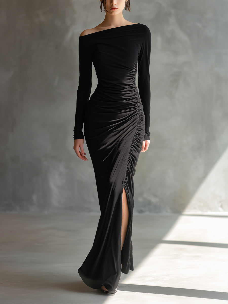 Nala – robe maxi noire jersey epaules denudees fronces fendue elegante femme