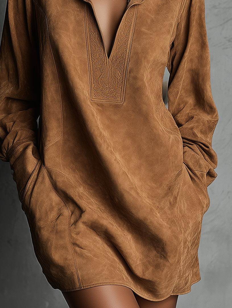 Kelora – robe suede embossee v neck manches longues style casual