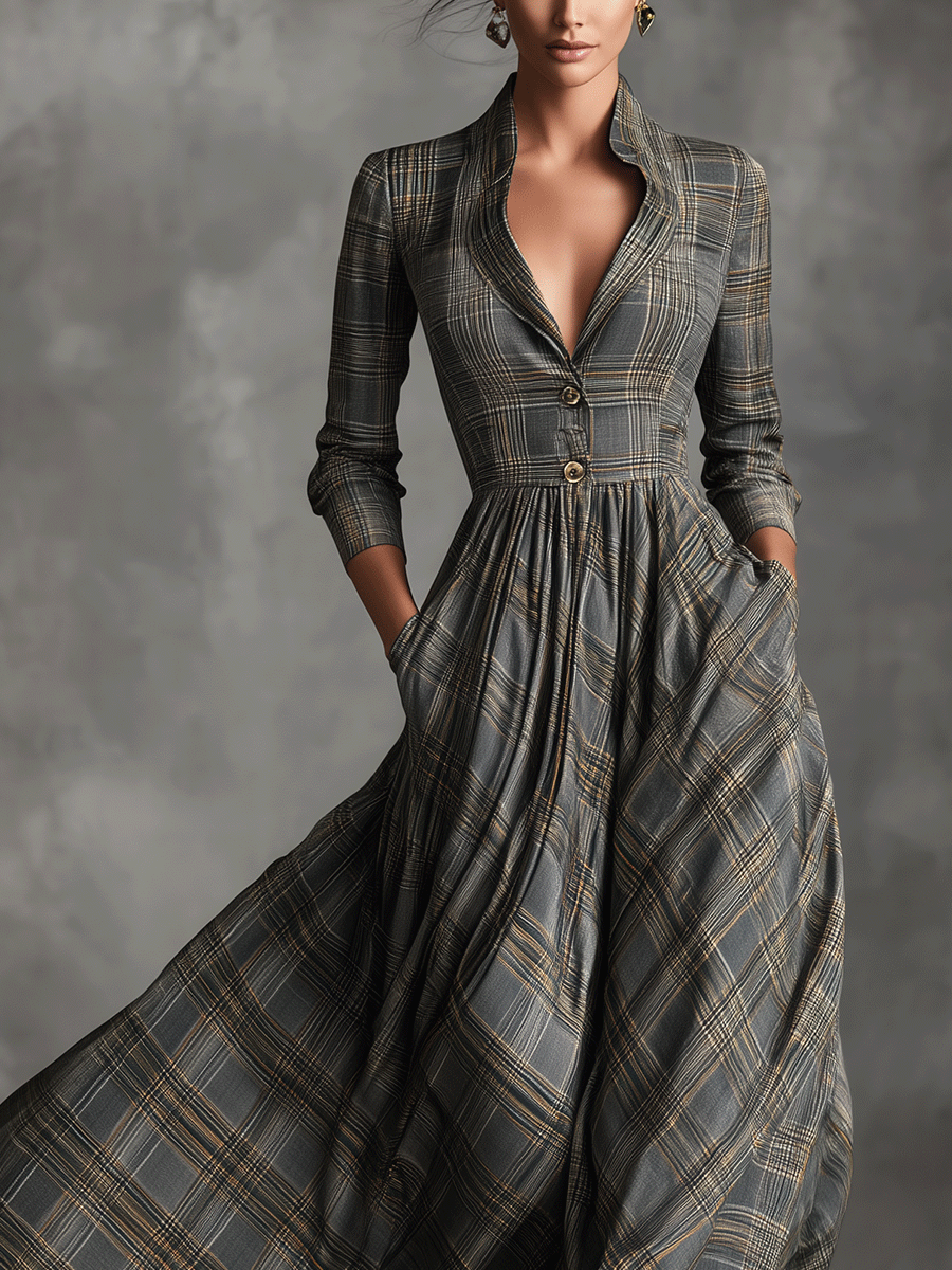 Havena – robe maxi tartan lin melange jupe evasee elegante