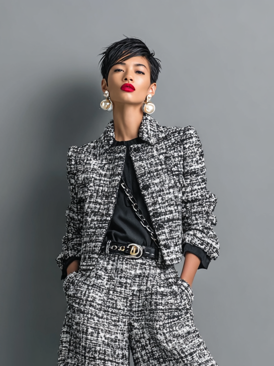 Fayden – ensemble tweed cropped jacket boutonnée et pantalon wide leg chic