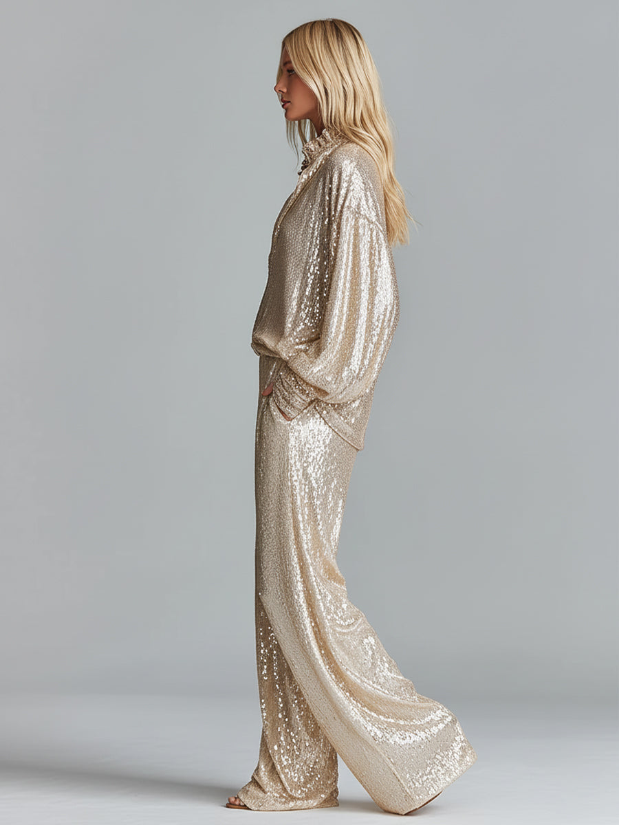 Gleina – ensemble lounge paillettes or col zip pantalon wide leg