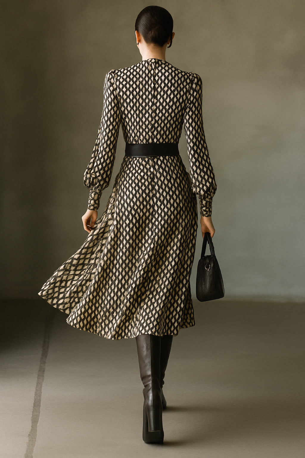 Nayen – robe midi chiffon noire et blanche motif filet taille ceintree femme