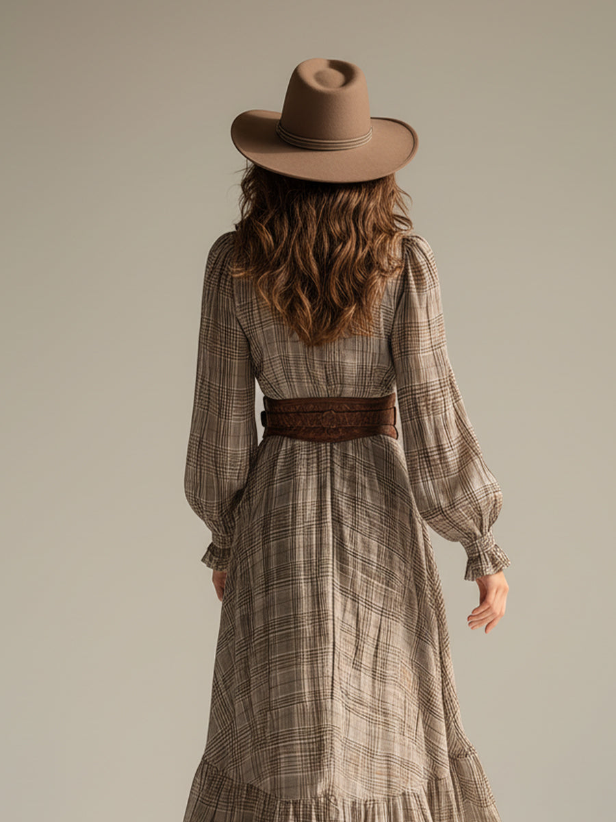 Keyna – robe midi boheme carreaux volants chiffon beige femme