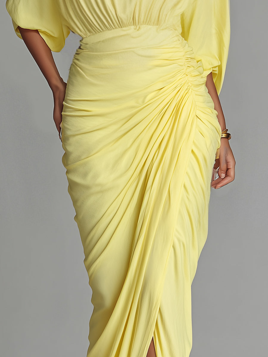 Yva – robe maxi jaune fluide col V manches longues fente elegante femme