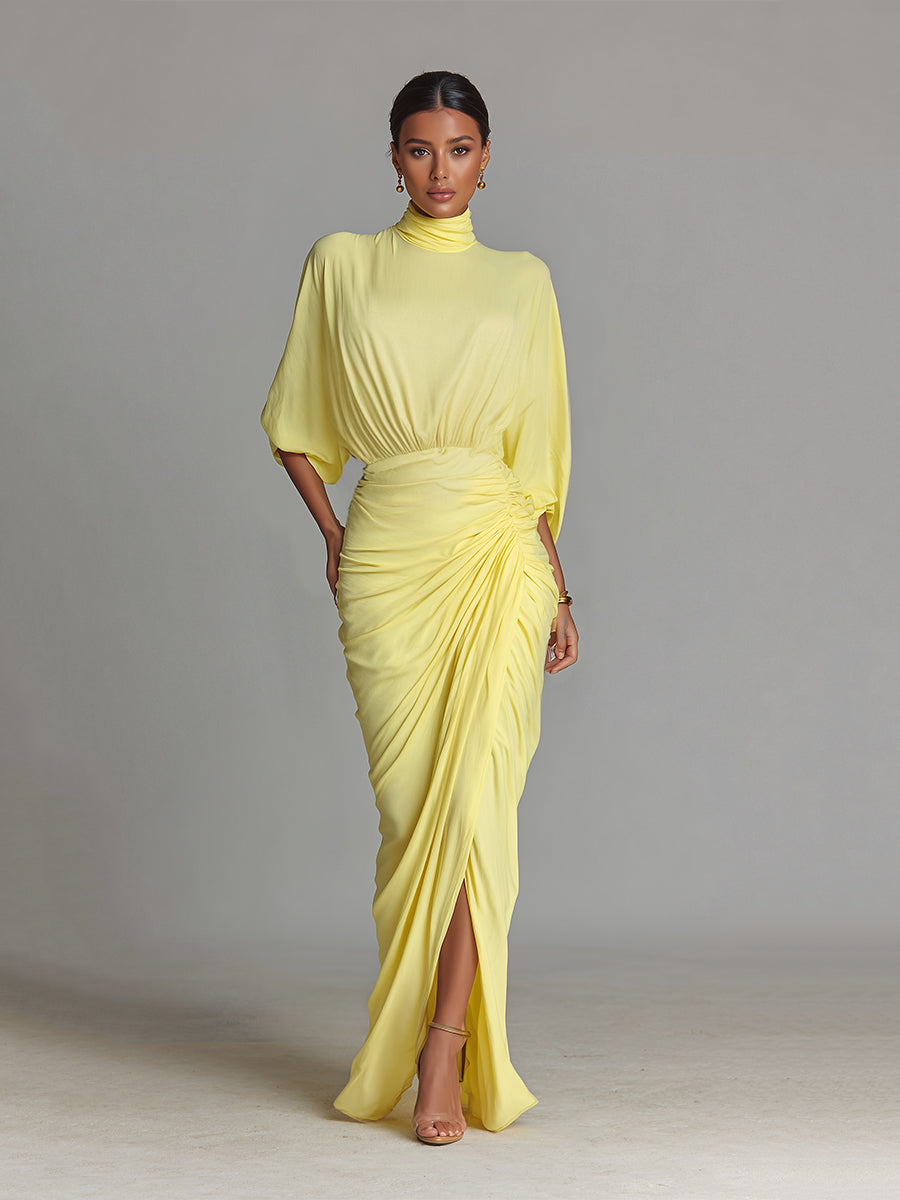 Yva – robe maxi jaune fluide col V manches longues fente elegante femme