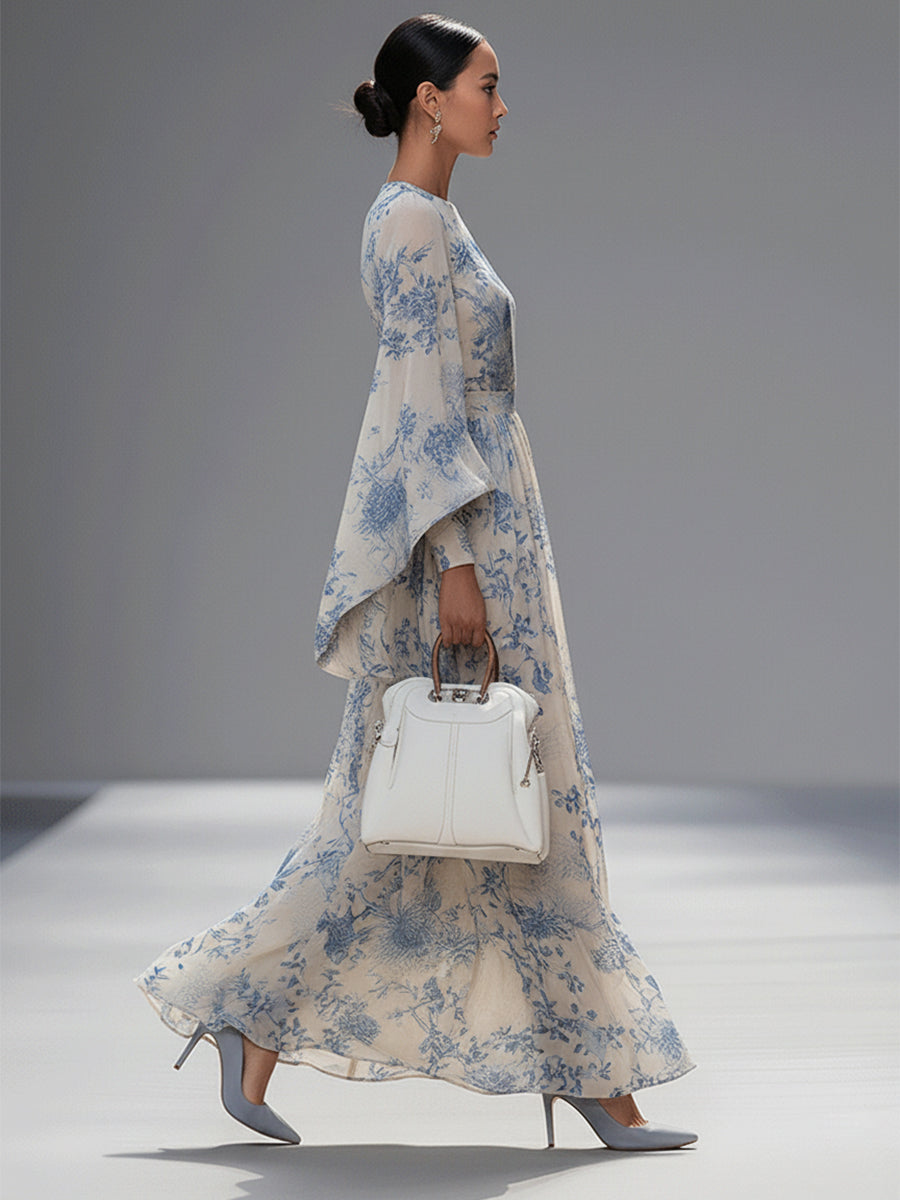 Belis – robe maxi imprimee manches evasees taille haute elegante femme