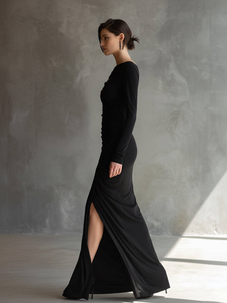 Nala – robe maxi noire jersey epaules denudees fronces fendue elegante femme